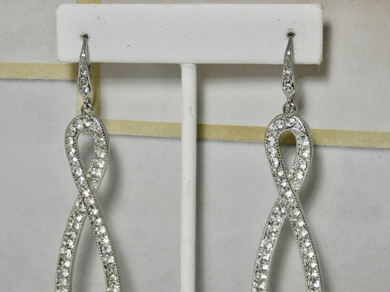 Silver Rhinestone Earring, French Wire, Dangle Figure Eight Shaped Earring
