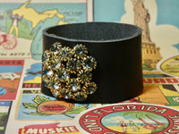 Leather Cuff Bracelet with a repurposed vintage gray crystal brooch
