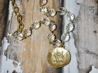 Gold medallion Necklace, crystal rosary bead chain