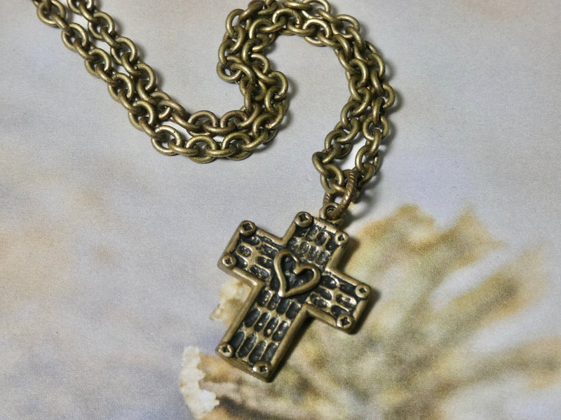 Cross Necklace, bronze cross with a heart design, a perfect religious gift