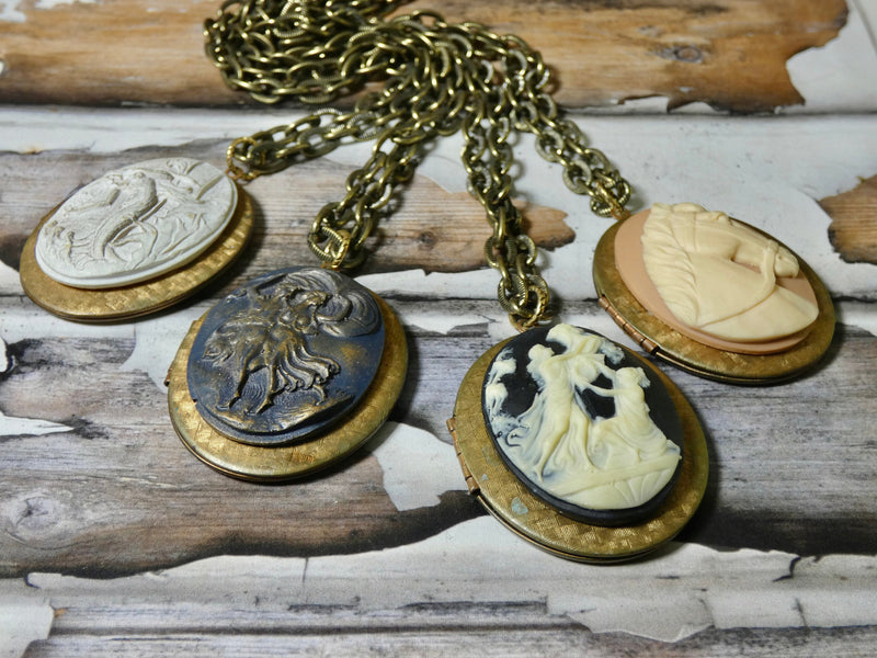 Oval brass locket necklace assorted embellished vintage cameos