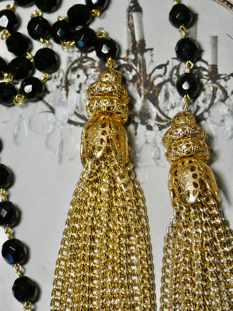 Lariat Black and Gold Tassel Necklace, Vintage Gold Tassel Pendant