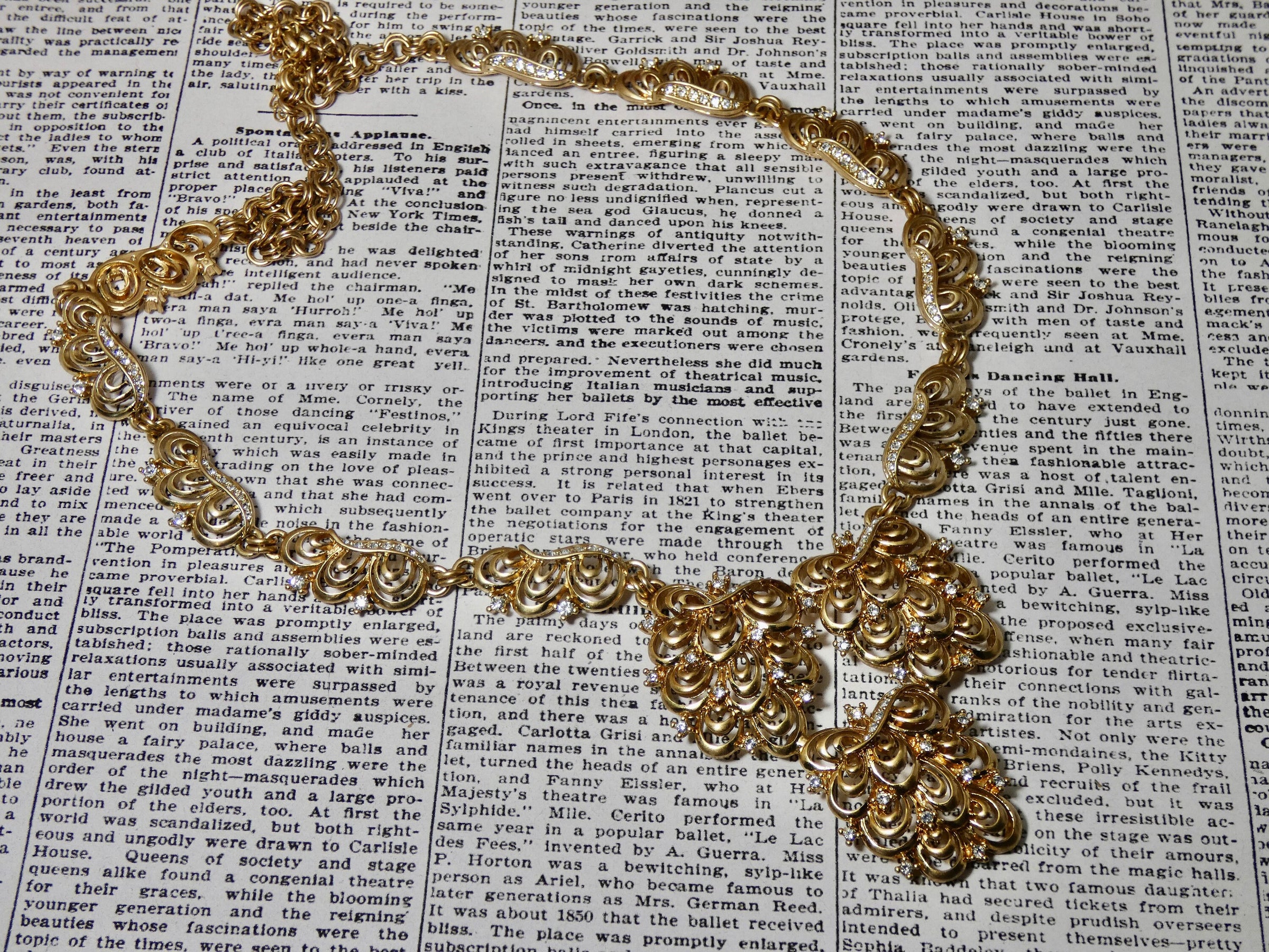 Bib Necklace, Long Necklace, Gold and Rhinestone Detailing