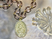 Vintage Miraculous Medal Necklace dusty pink rosary bead chain