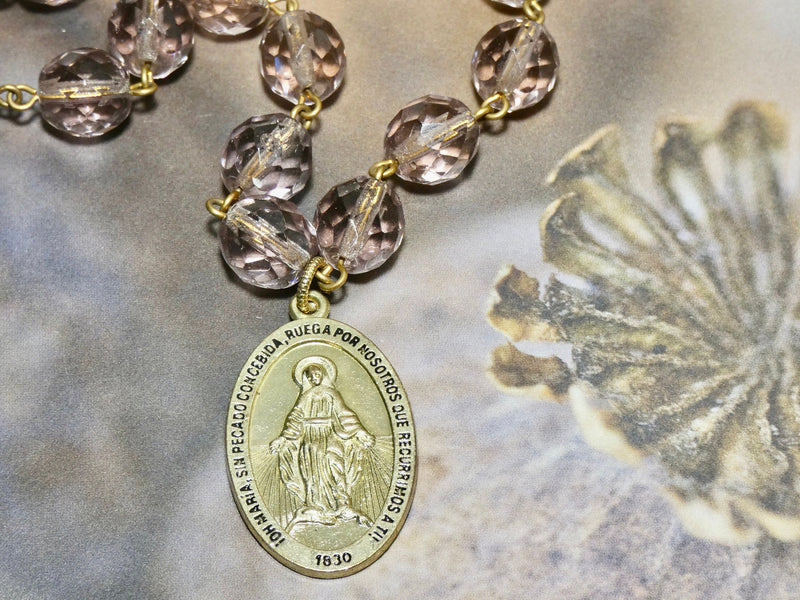 Vintage Miraculous Medal Necklace dusty pink rosary bead chain