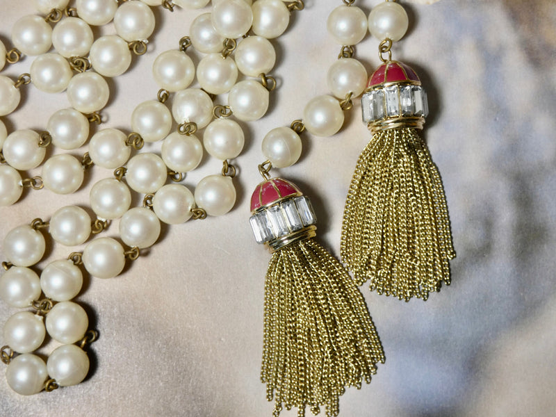 Lariat Pearl and Gold Tassel Necklace, Burgundy Enamel and Crystal Tassel