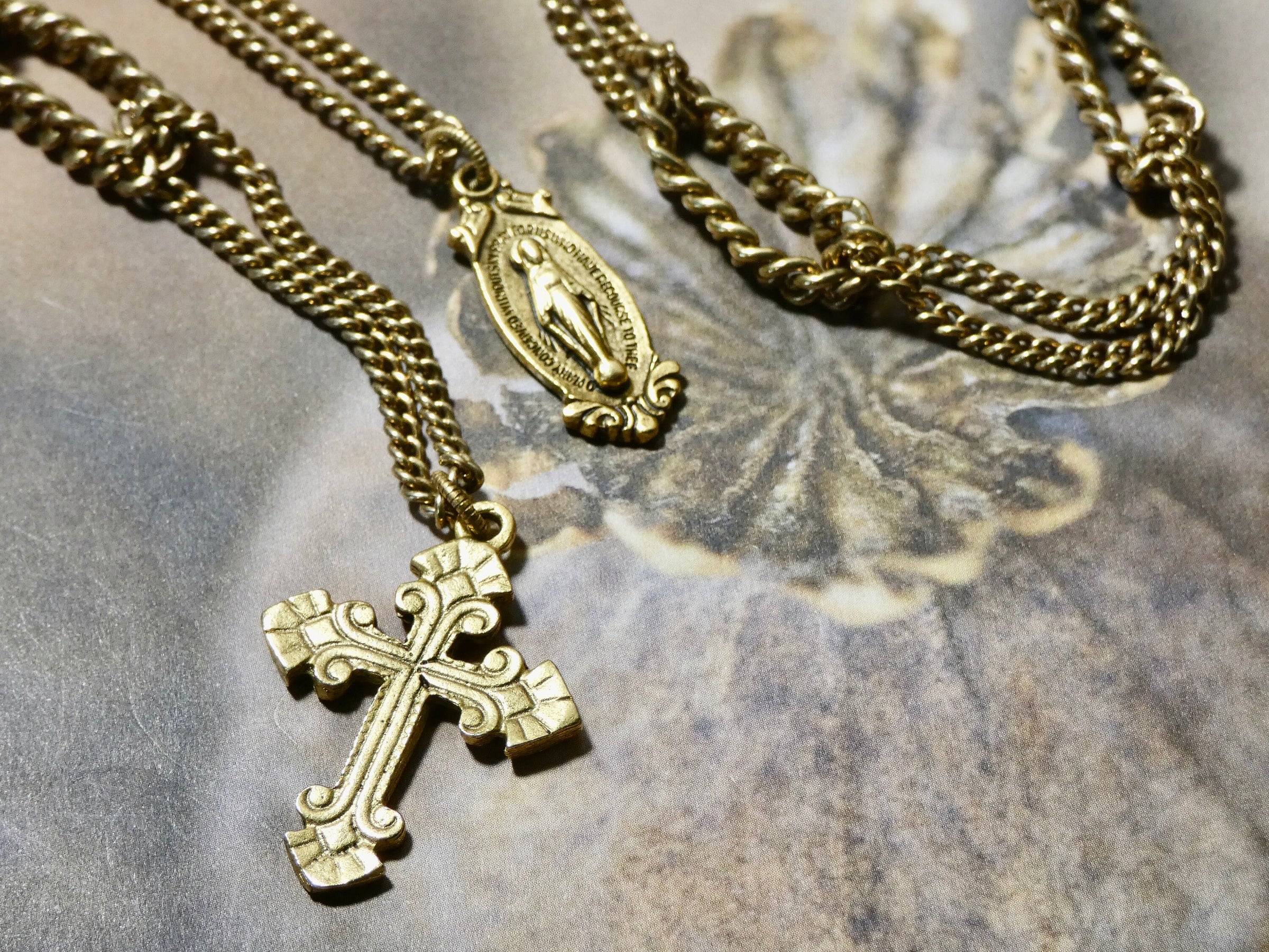 Lariat Chain Necklace cross and miraculous medal charms