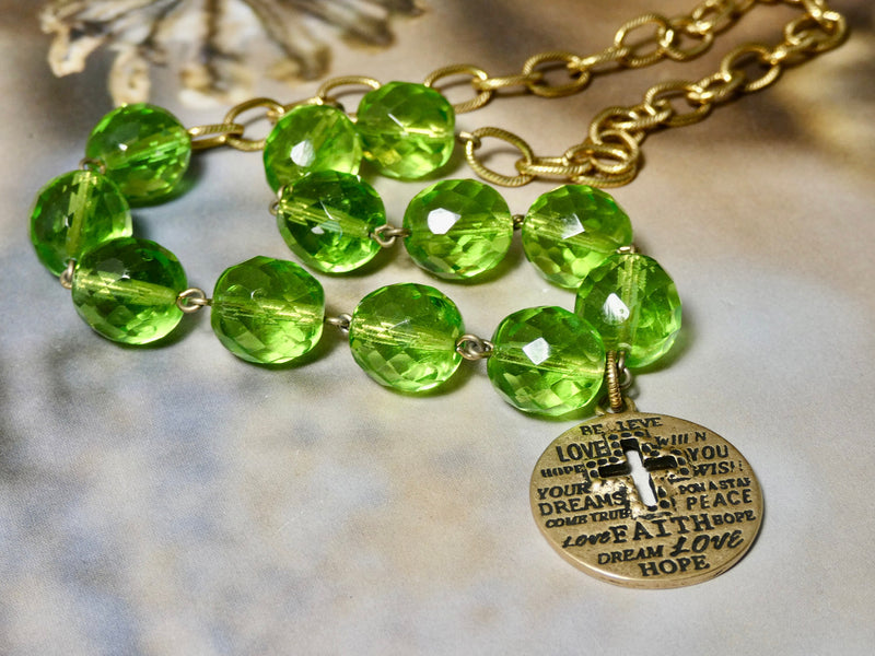 Cross Necklace with green rosary bead chain