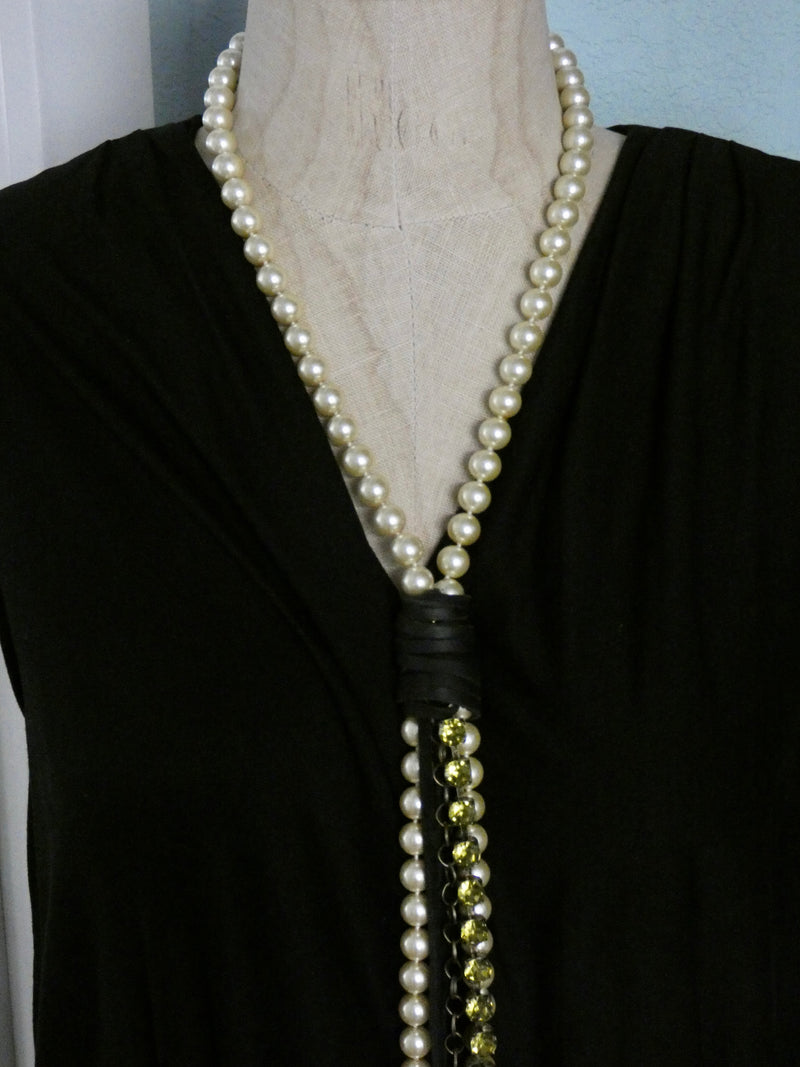 Lariat Style Pearl and Leather Boho Necklace, Cream Pearl with Olive Green Rhinestone