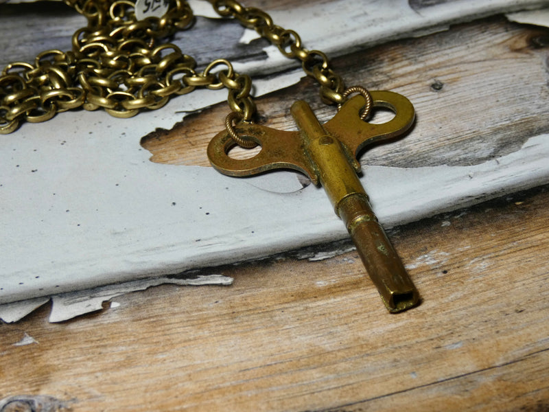 Vintage Rare Winding Clock Key Necklace