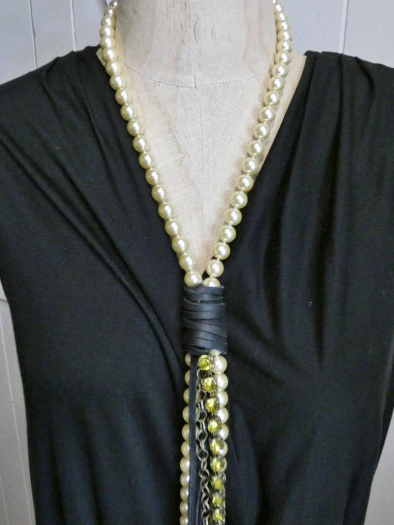 Lariat Style Pearl and Leather Boho Necklace, Cream Pearl with Olive Green Rhinestone