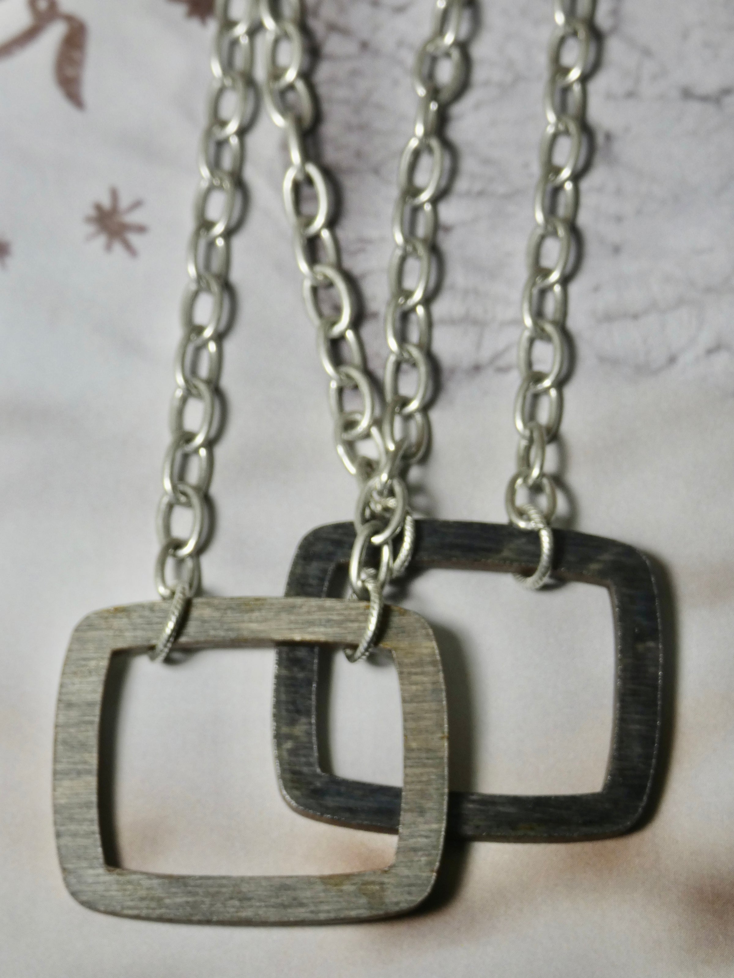 Wood Necklace, Small Rectangle Laser Cut Pendant, Sterling Silver Plated Chain
