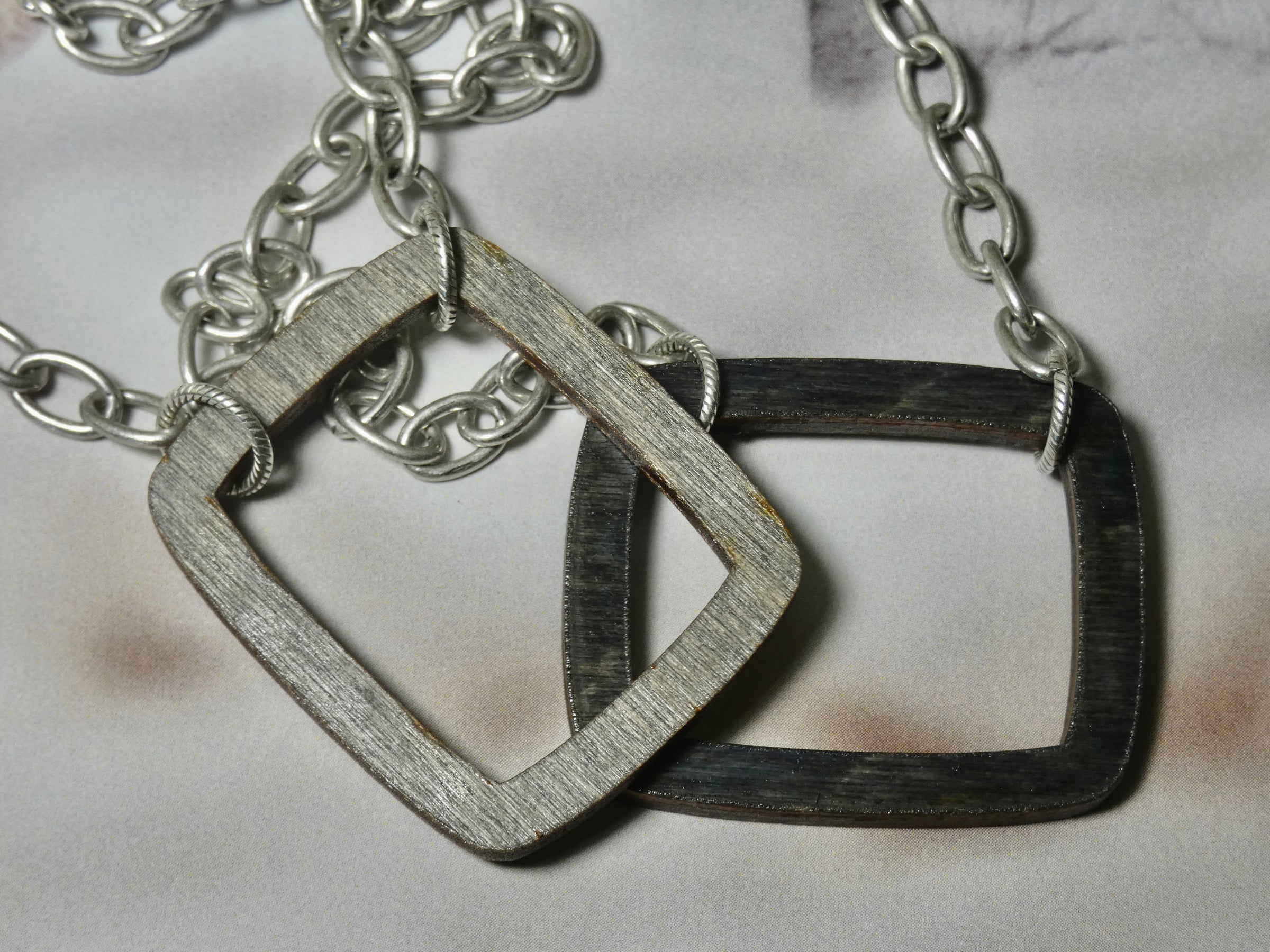 Wood Necklace, Small Rectangle Laser Cut Pendant, Sterling Silver Plated Chain