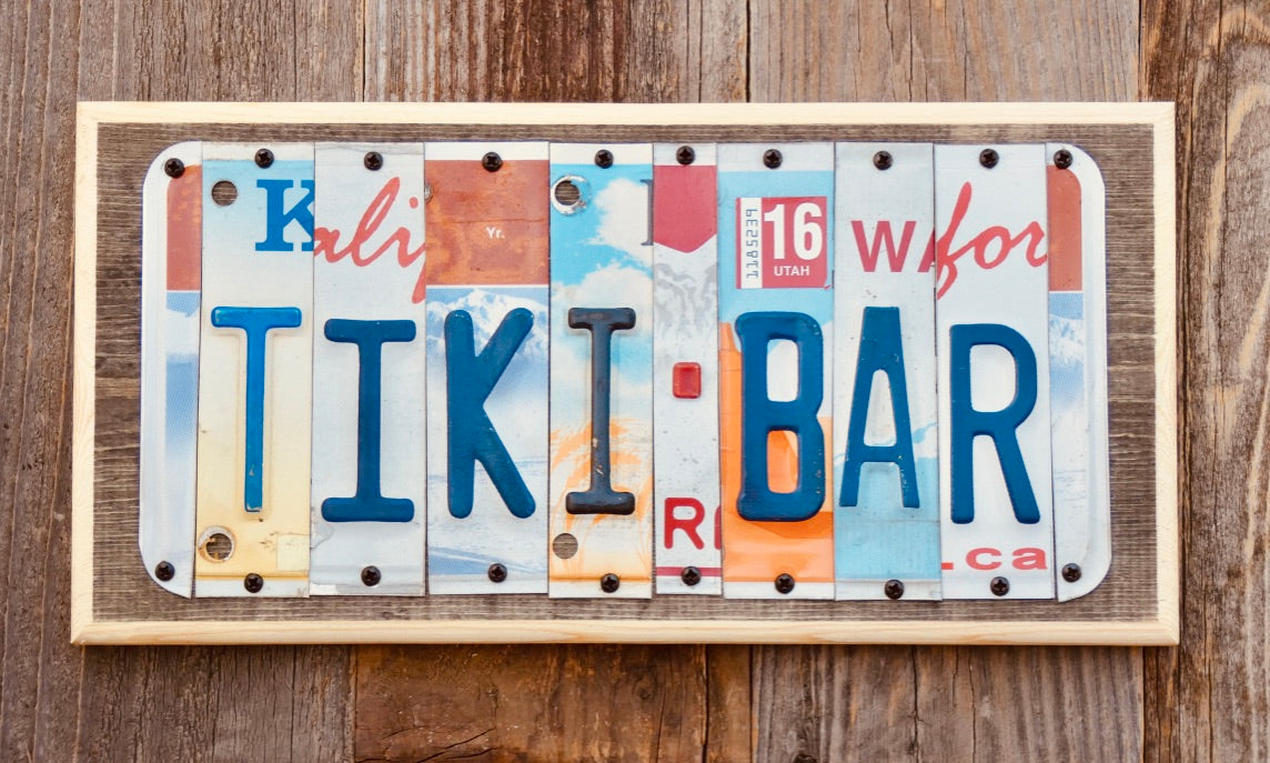 Tiki Bar License Plate Sign repurposed from license plates