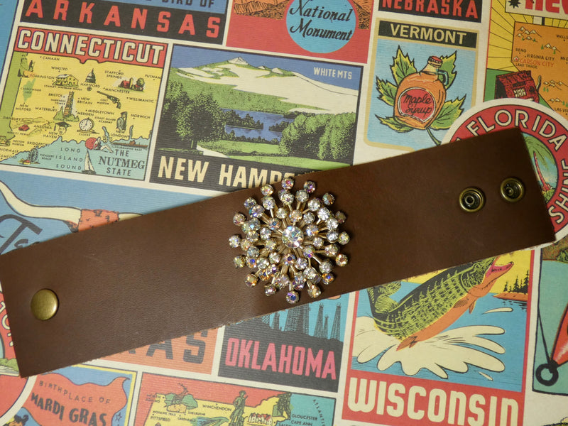 Vintage Cuff Bracelet - repurposed brooch with Aurora Borealis Stones
