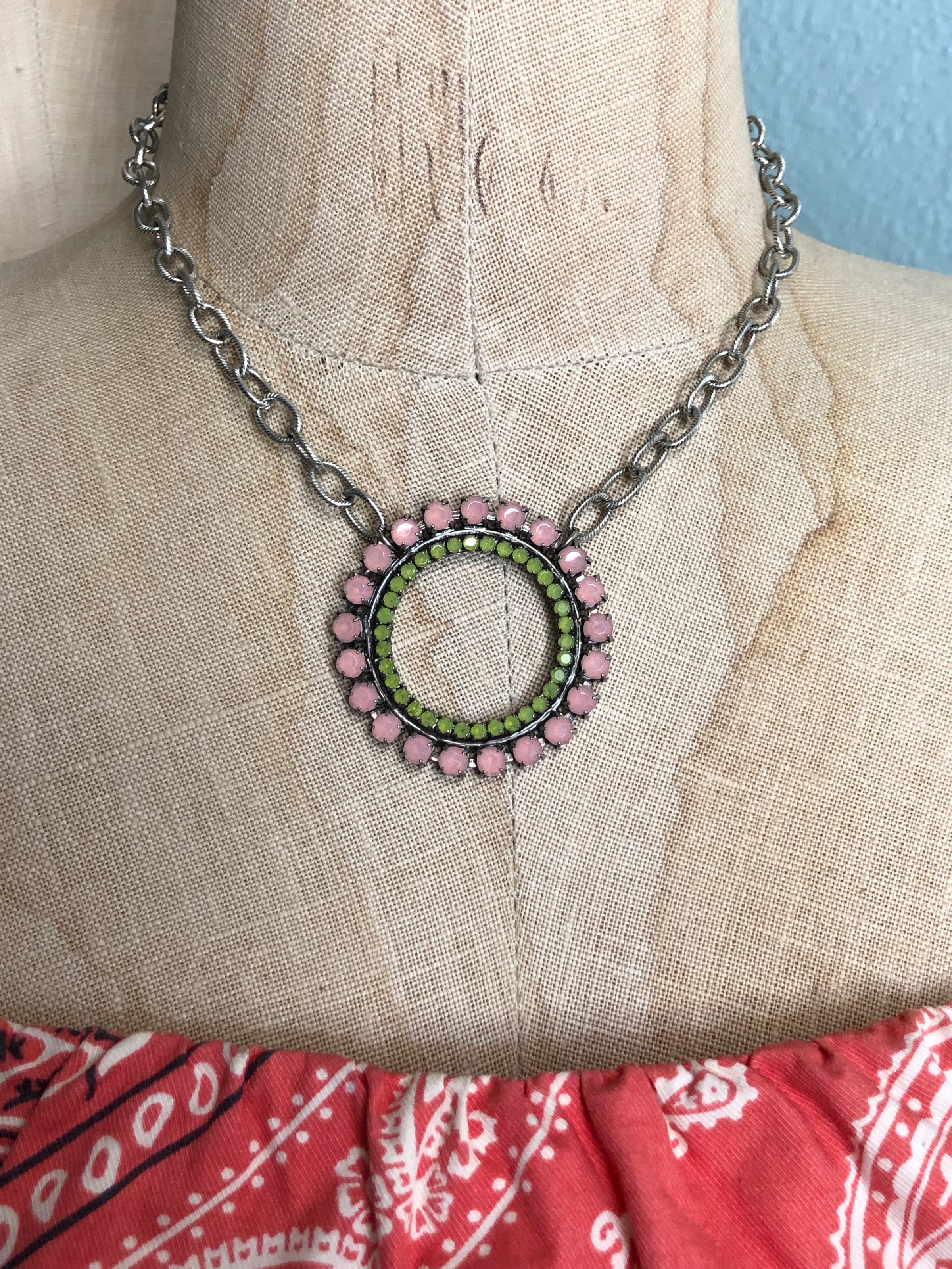 Circle Necklace • Pink and Green Vintage Belt Buckle