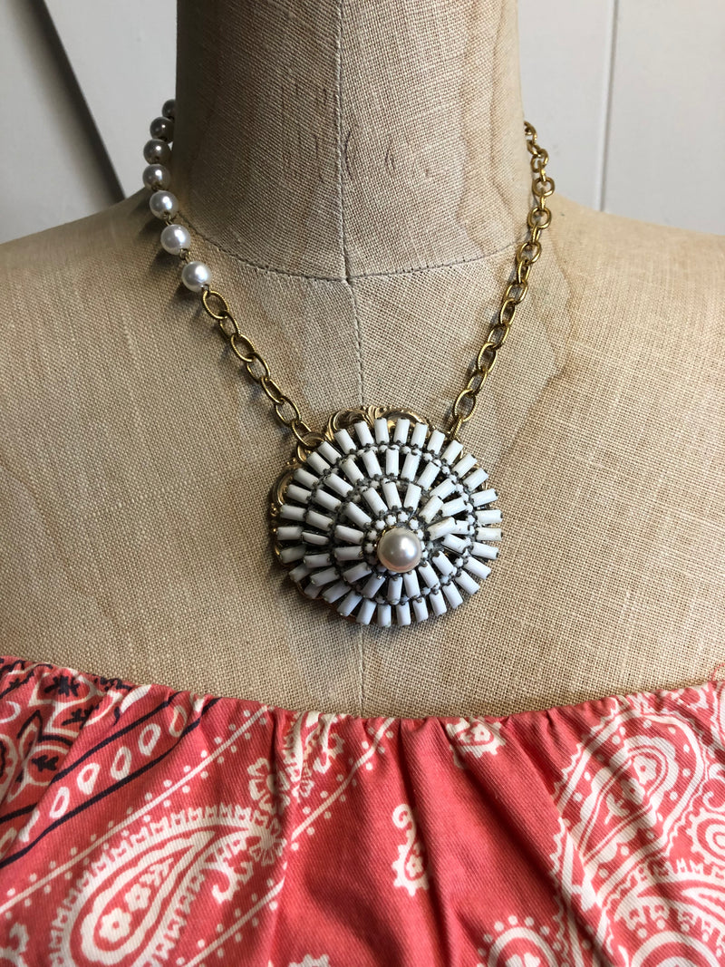 One of a Kind Vintage Necklace, Repurposed White Chalk Brooch