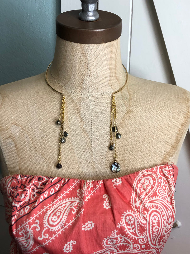 Gold Wire Choker with Fringe Necklace, Collar Necklace