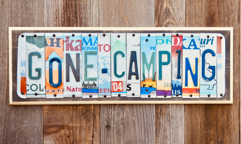 Gone Camping License Plate Sign repurposed from license plates