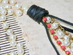 Lariat Style Pearl and Leather Boho Necklace, Pink Rhinestone