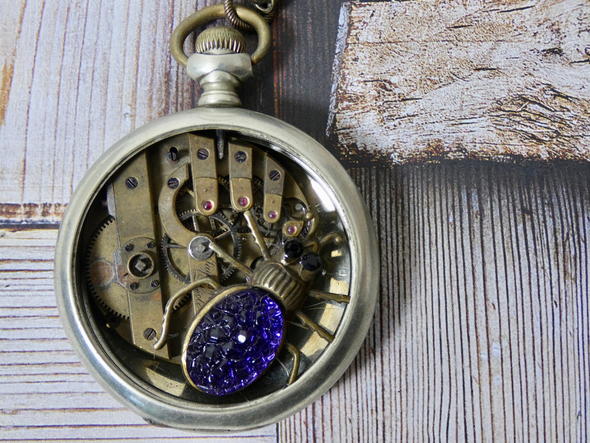 Vintage Pocket Watch Gear Necklace, Purple Spider Charm