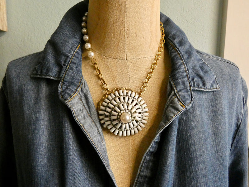 One of a Kind Vintage Necklace, Repurposed White Chalk Brooch