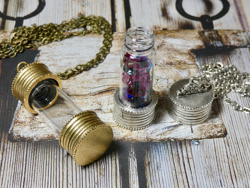 Bottle Pendant, Gold and Glass Empty Urn Bottle Necklace