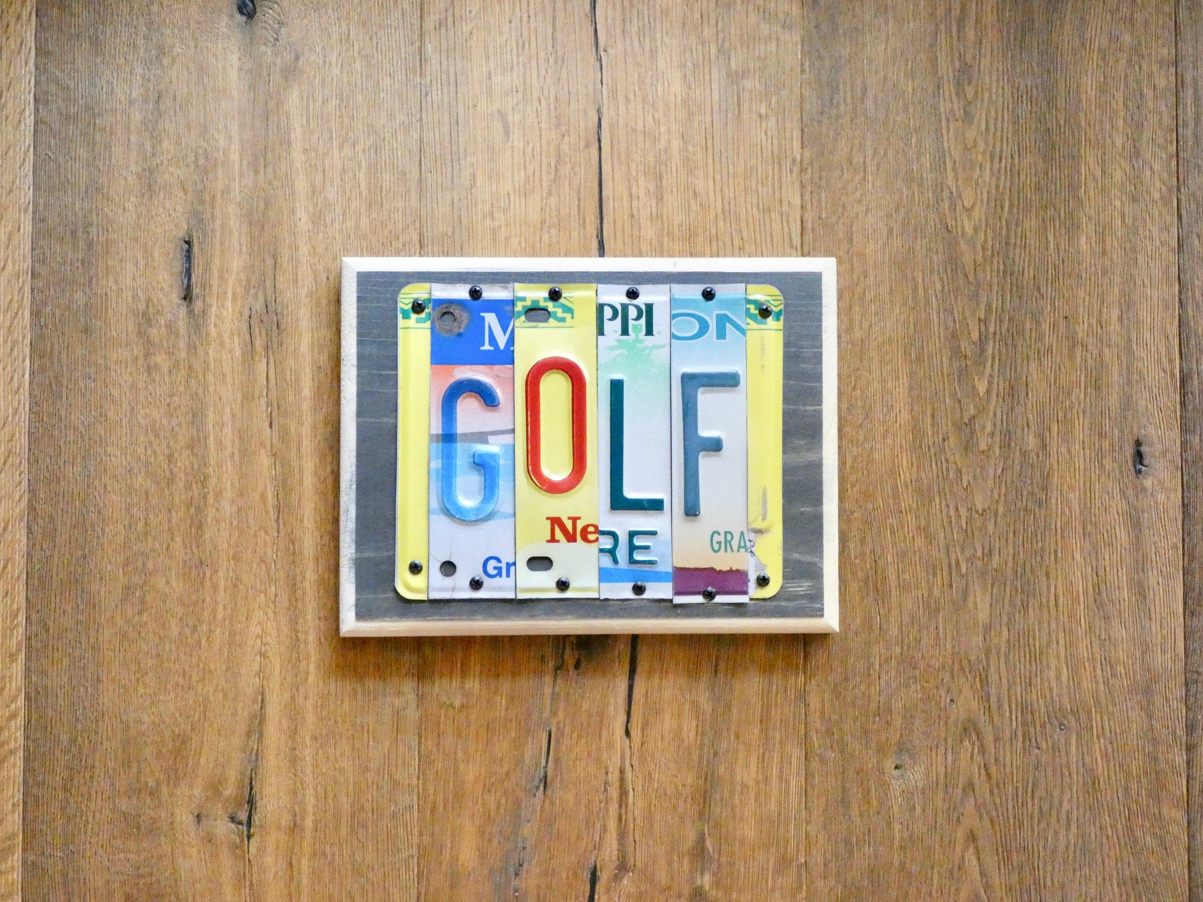 GOLF Sign made with repurposed License Plates