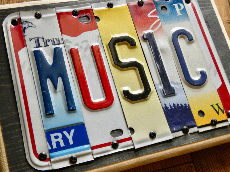 MUSIC Sign made with repurposed License Plates