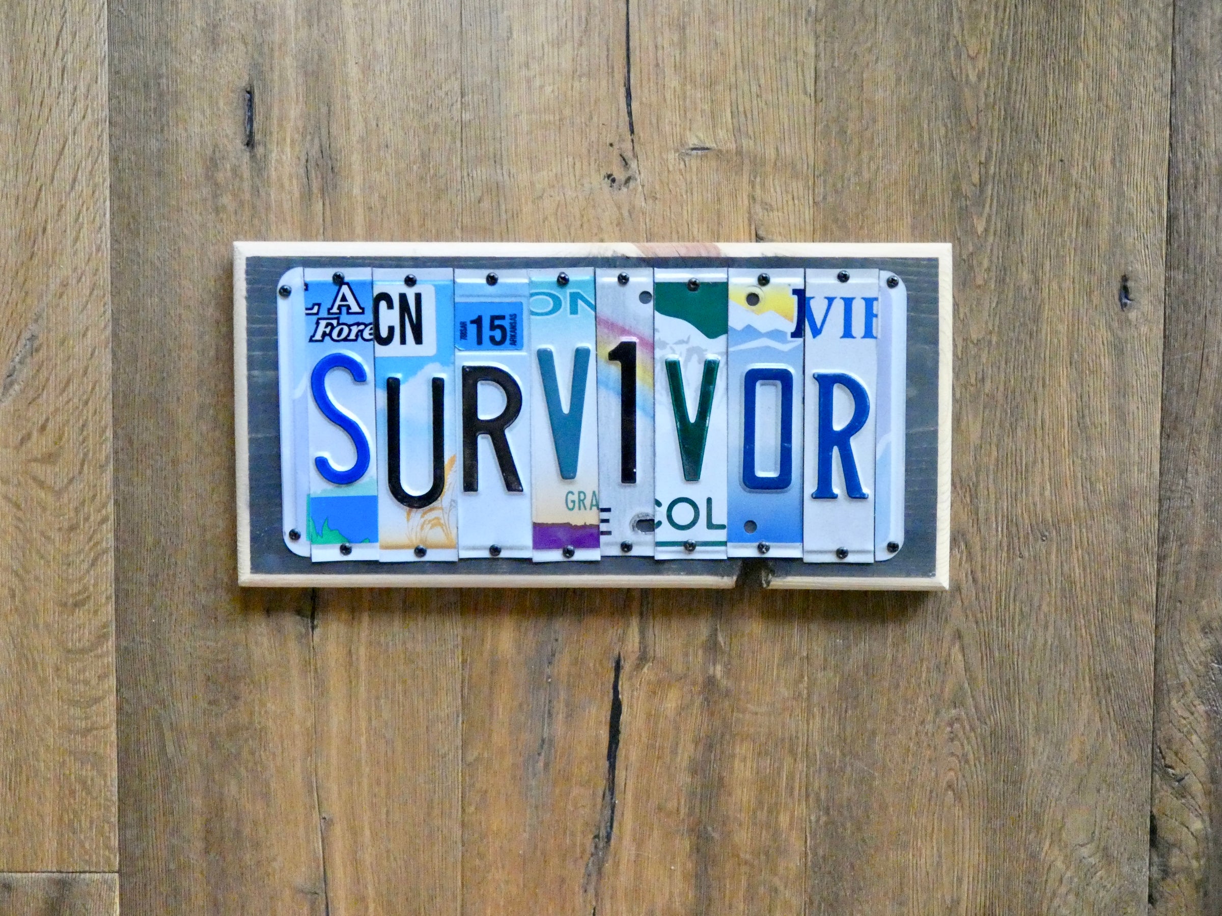 SURVIVOR Sign made with repurposed License Plates