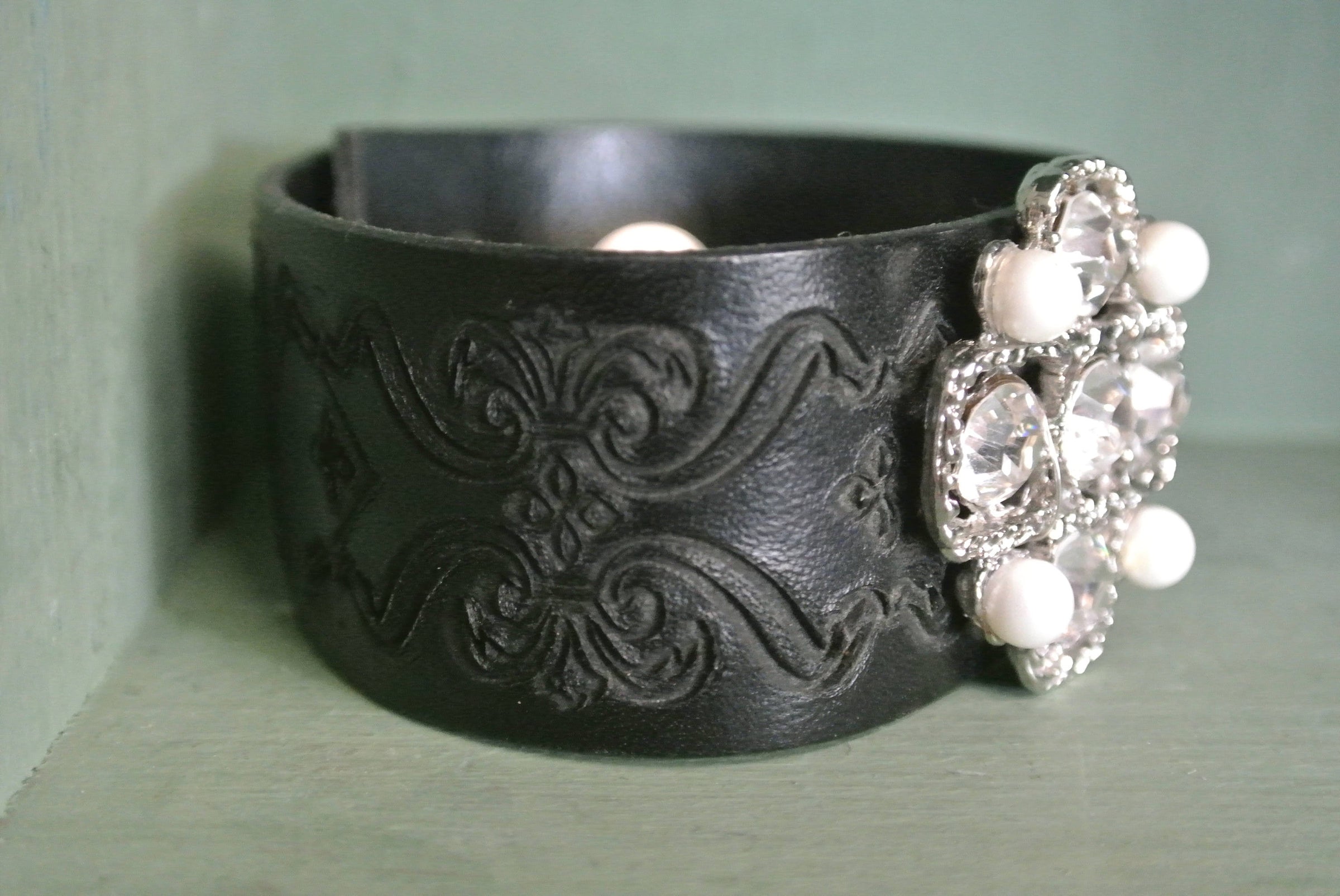 Leather Cuff Bracelet with repurposed brooch
