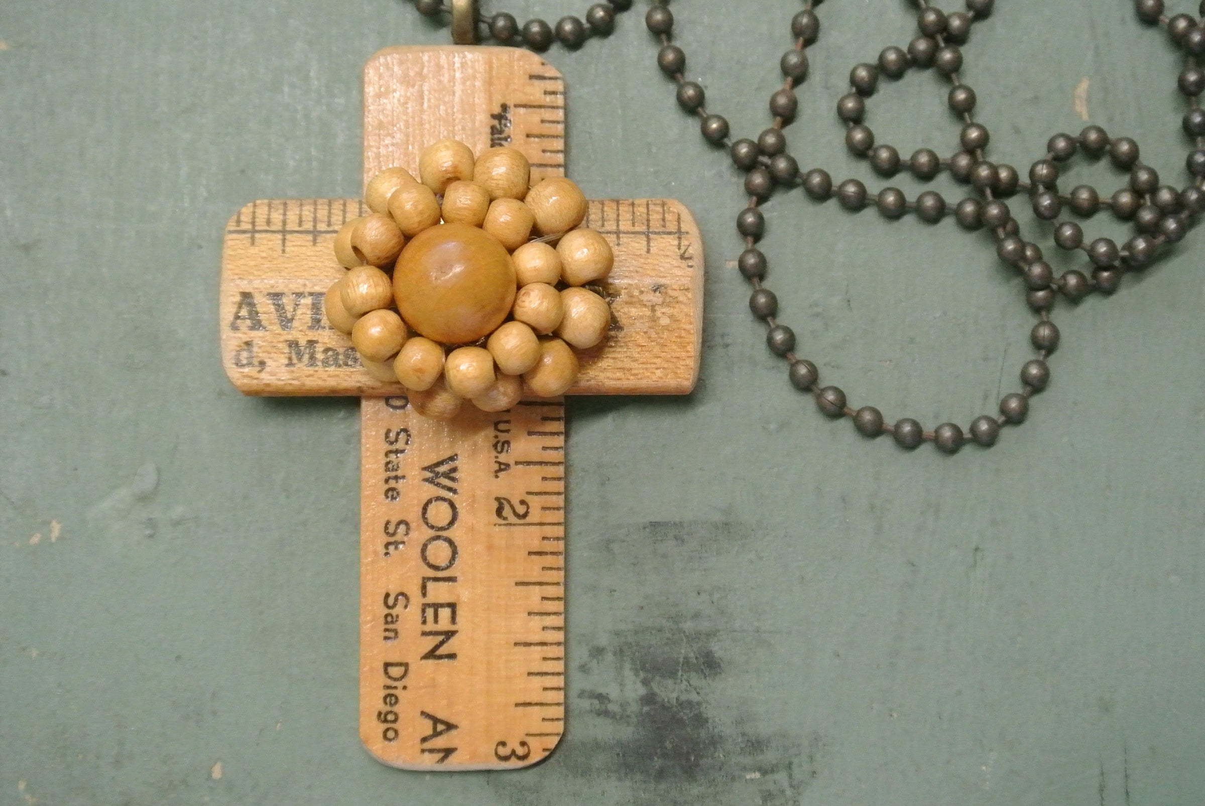 Cross Necklace - One of A Kind Vintage Wooden Ruler Pendant