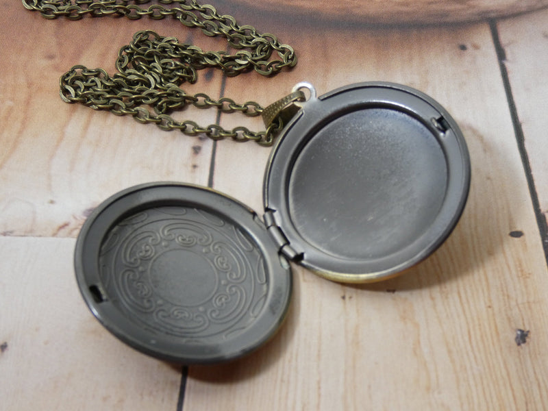Locket Necklace, Brass Picture Locket, Scroll pattern brass circle pendant opens and holds two Photos, Perfect Mother Daughter Gift