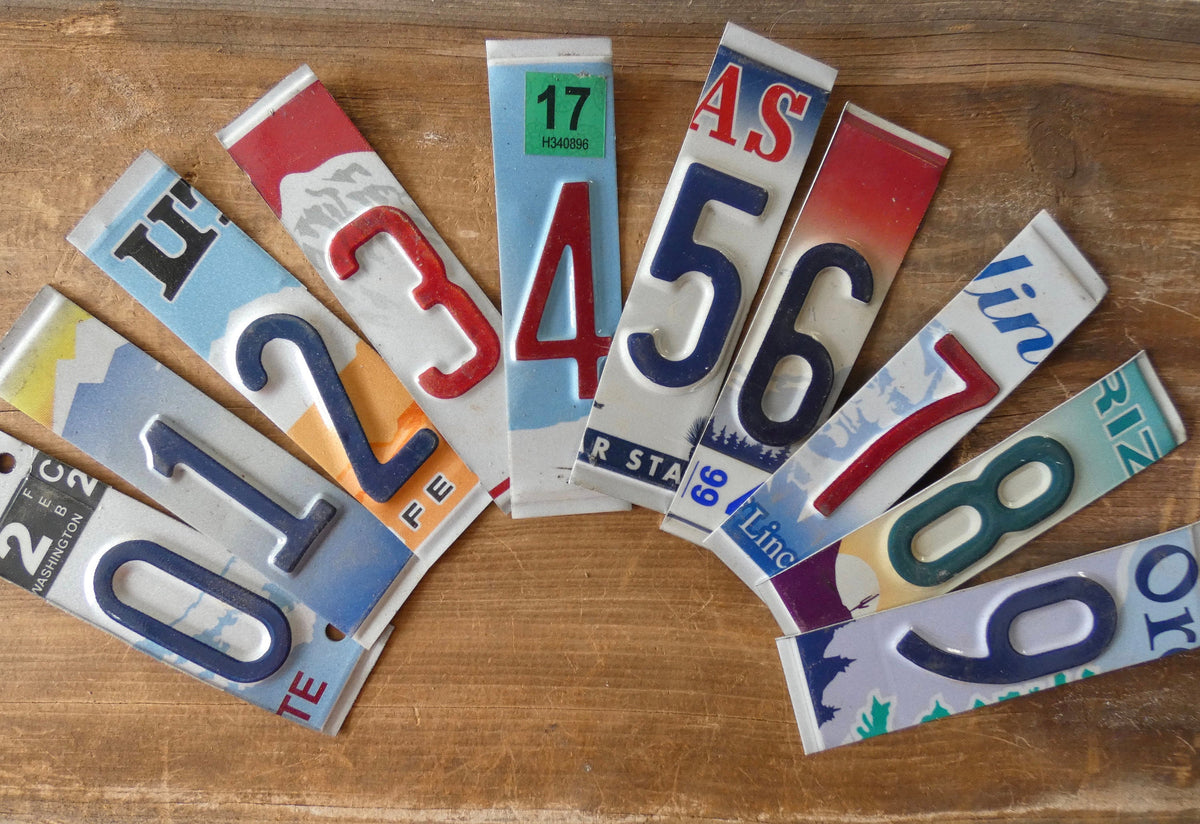 License Plate Numbers • Precut Numbers • Ready for Crafting • Repurposed from Authentic License Plates • Number 0,1,2,3,4,5,6,7,8,9