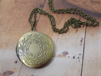 Locket Necklace, Brass Picture Locket, Scroll pattern brass circle pendant opens and holds two Photos, Perfect Mother Daughter Gift