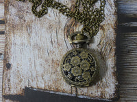 Pocket Watch Necklace, Flower Design Timepiece Necklace