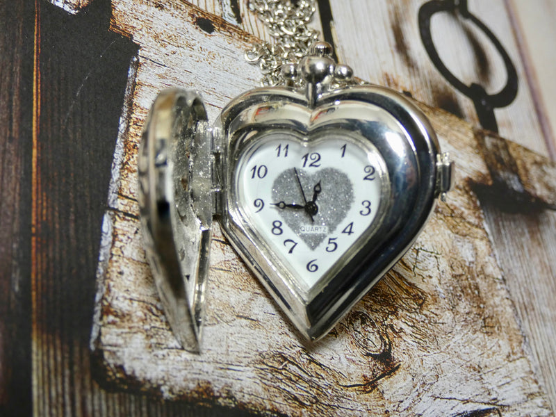 Pocket watch gunmetal heart necklace