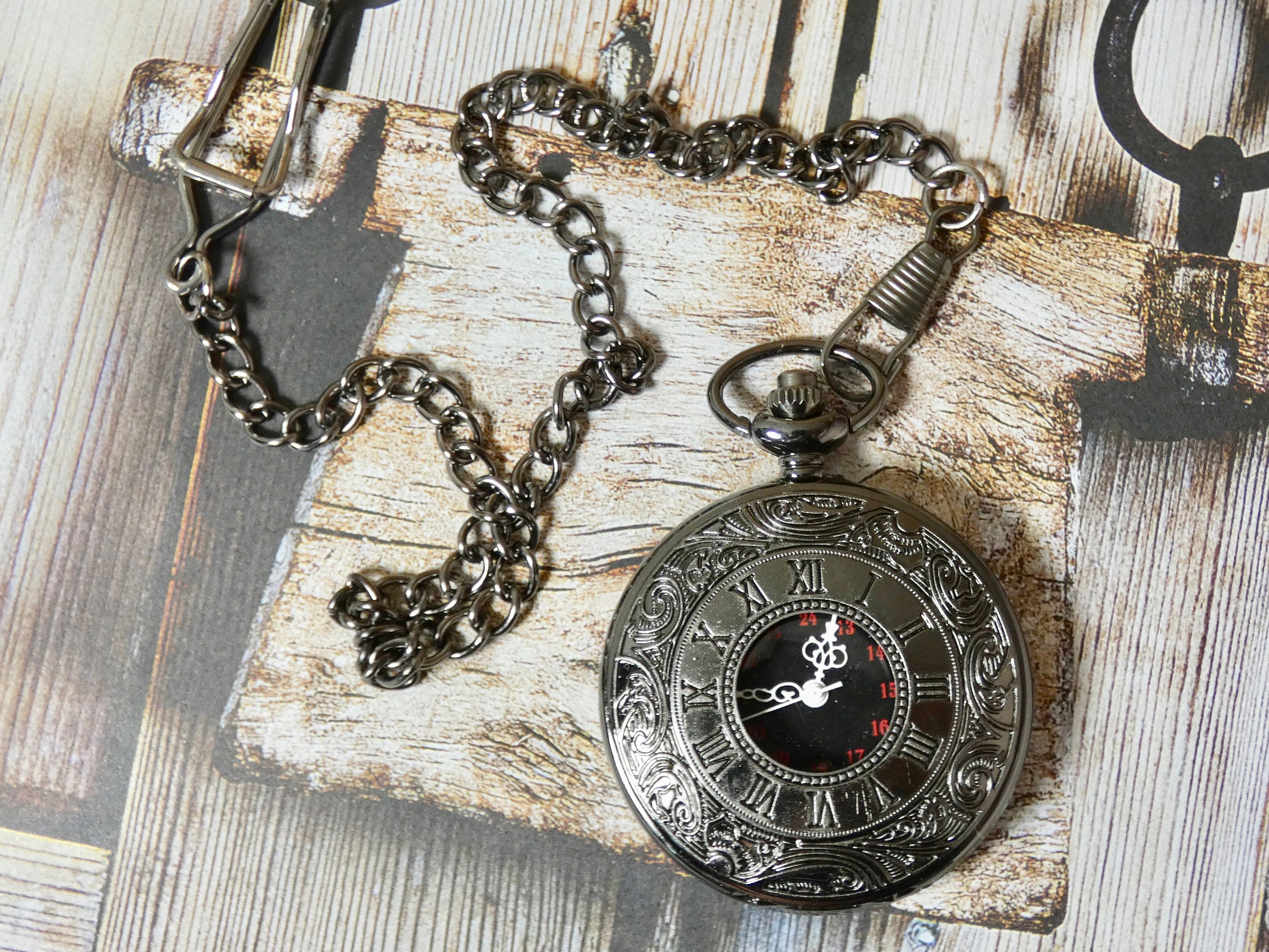 Steampunk Pocket Watch with Fob Gunmetal watch with Quartz