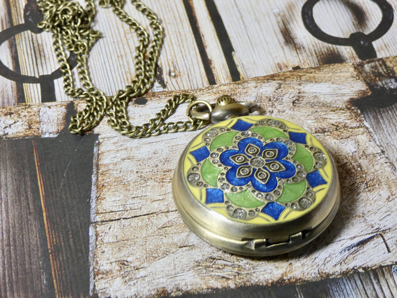 Pocket Watch Necklace - Green, Blue and Yellow Design
