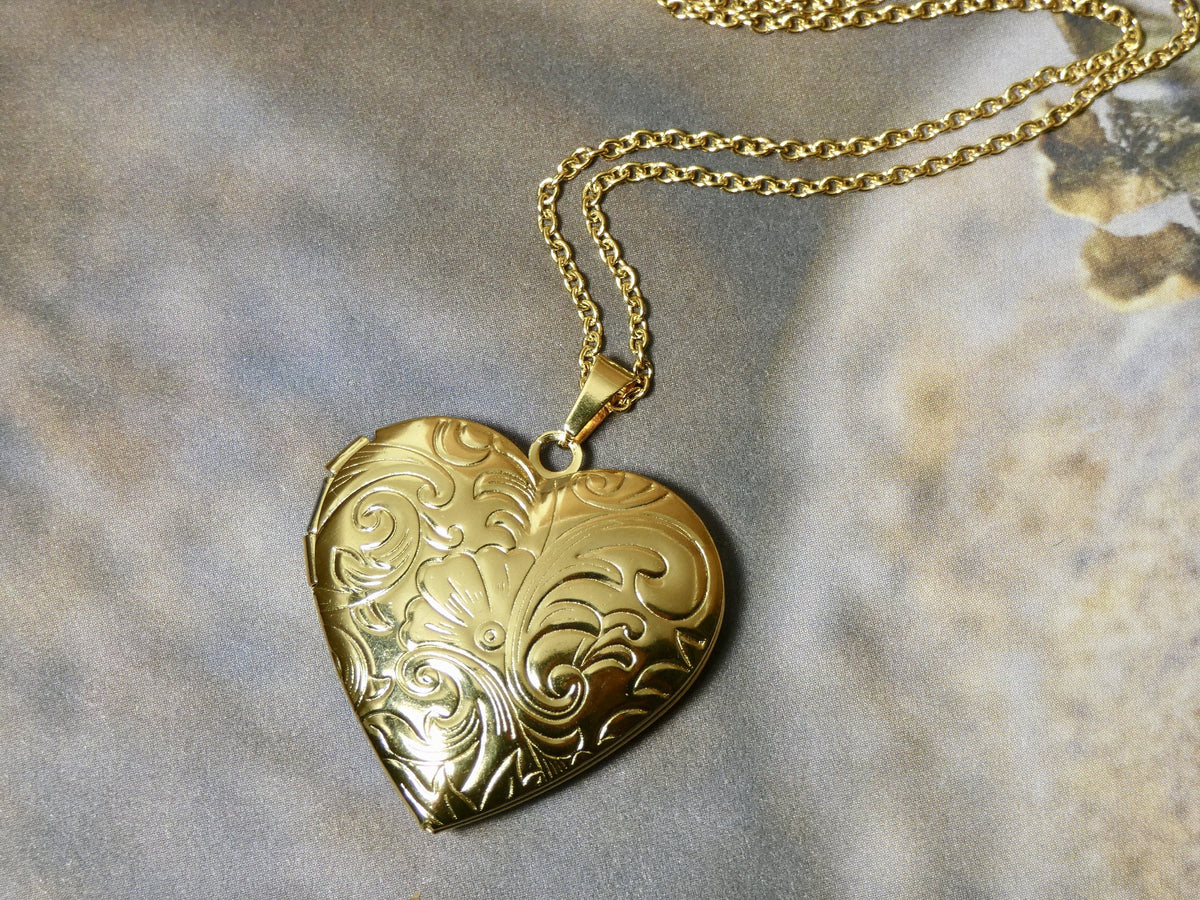 Heart Locket Necklace, Gold Swirl Pattern – Upcycled Works