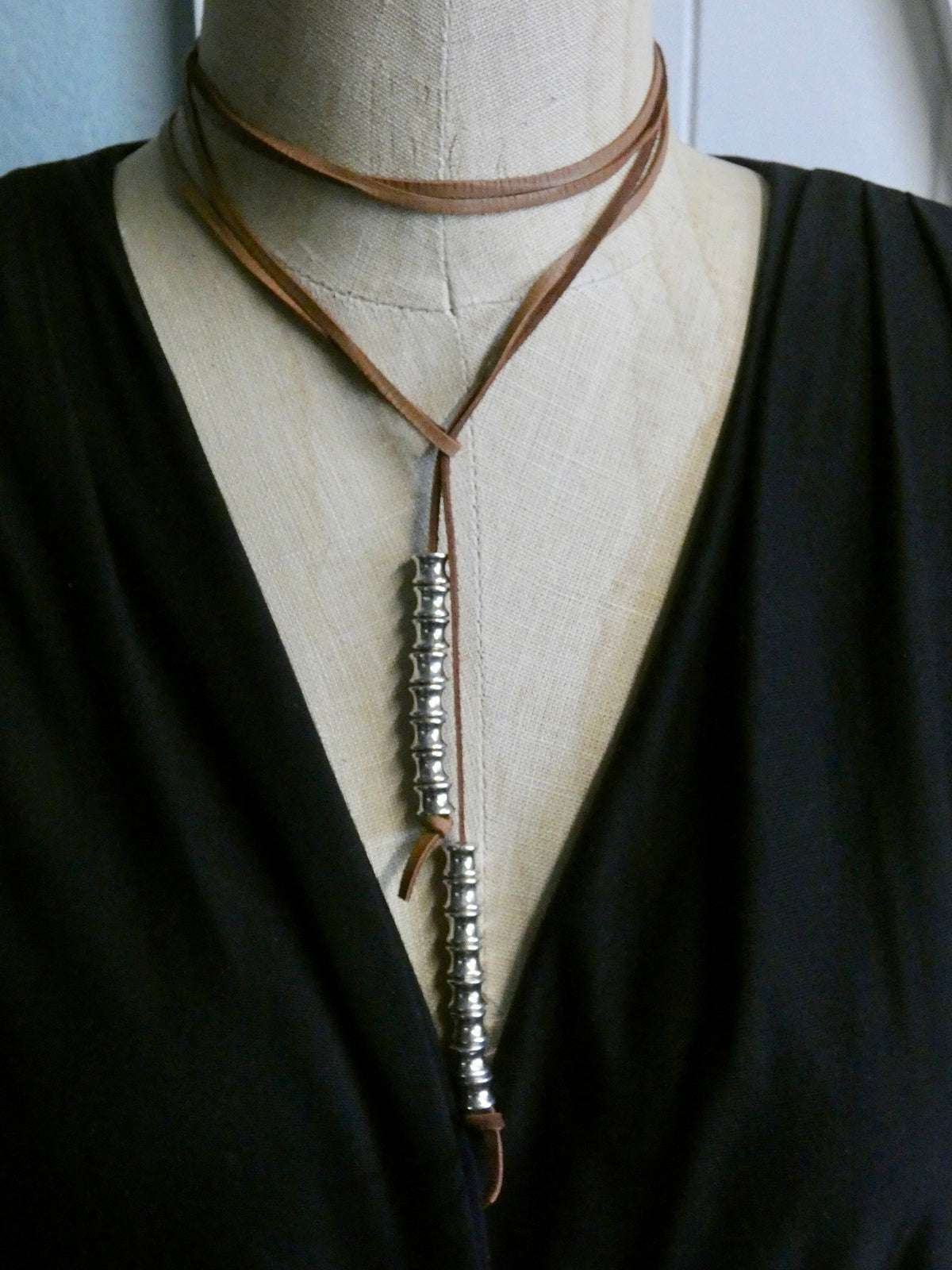 Leather Lariat Necklace, Deer Skin Leather with Silver Chunky Beads