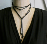 Leather Lariat Necklace, Deer Skin Leather with Silver Detailed Beads
