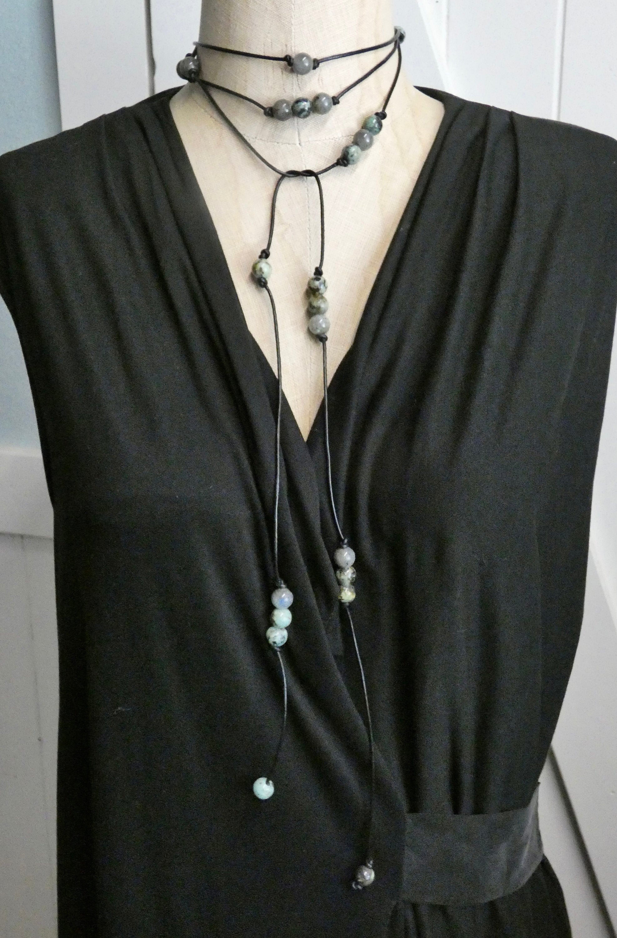 Handmade Leather and Turquoise Lariat Bohemian Necklace