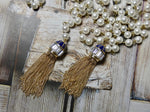 Lariat Pearl and Gold Tassel Necklace, Dark Blue Enamel and Crystal Tassel
