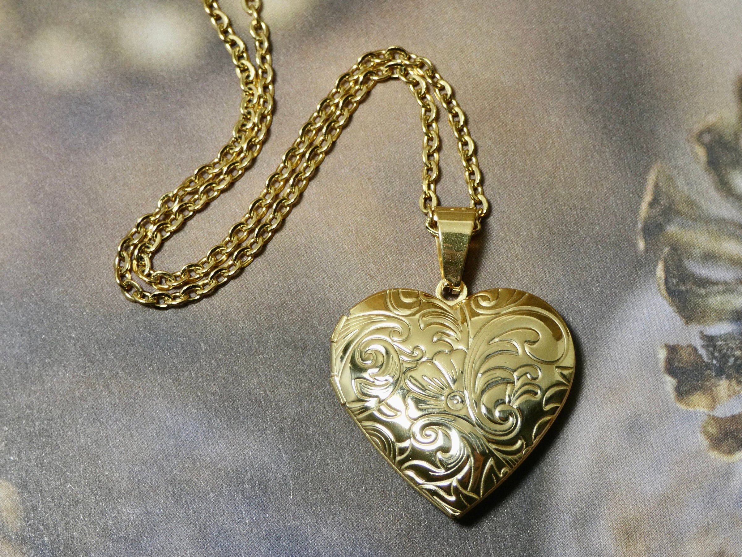 Heart Locket Necklace, Gold Swirl Pattern