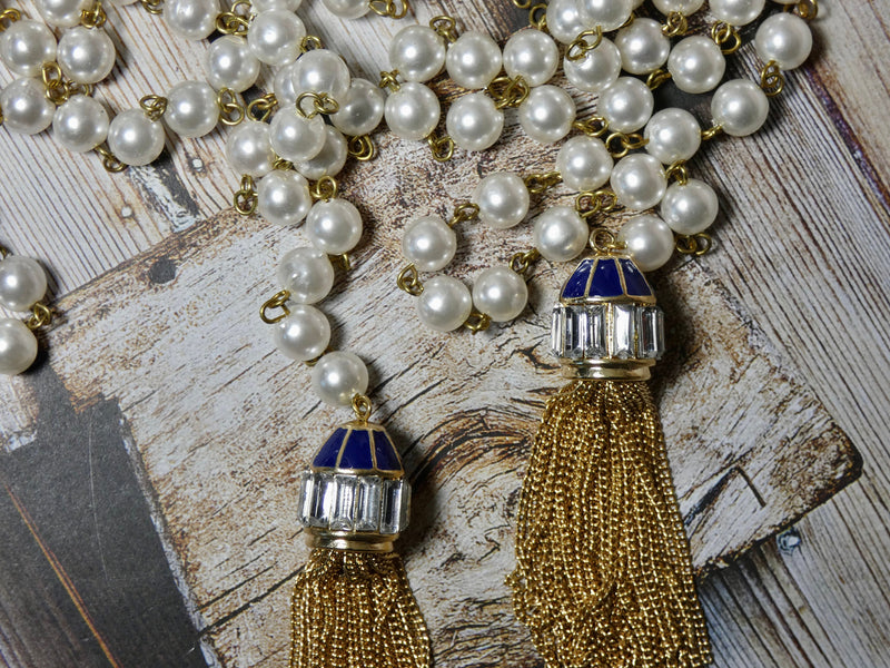Lariat Pearl and Gold Tassel Necklace, Dark Blue Enamel and Crystal Tassel