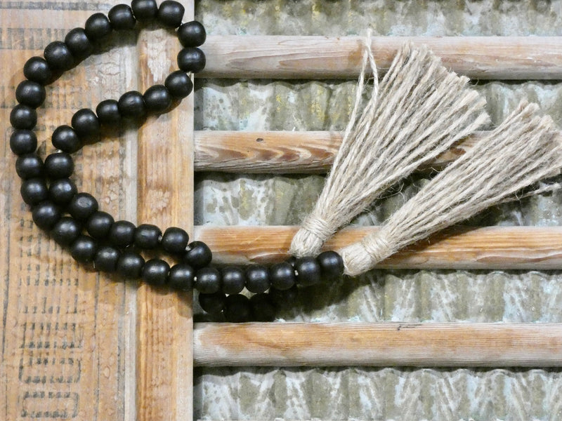 Wooden Prayer Beads Garland with a Jute Tassel, Home decor, Funky Lariat Necklace