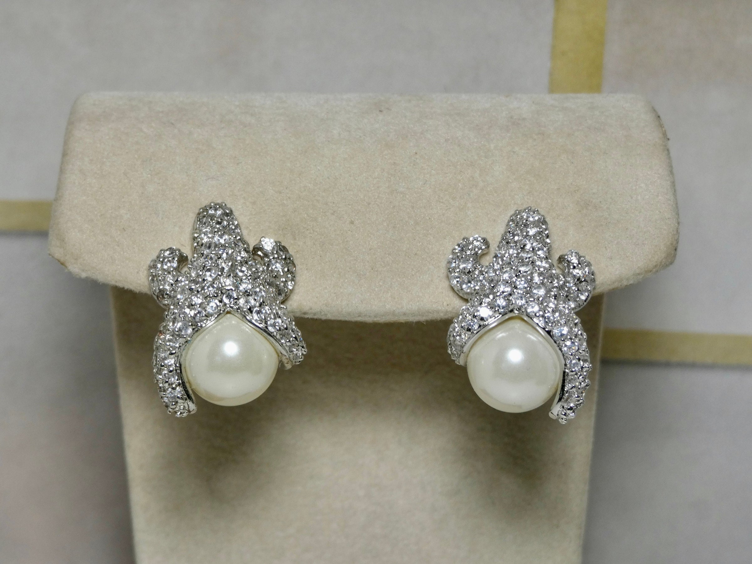 Starfish Pearl and Pave Earring, Rhinestone Pierced back Earring