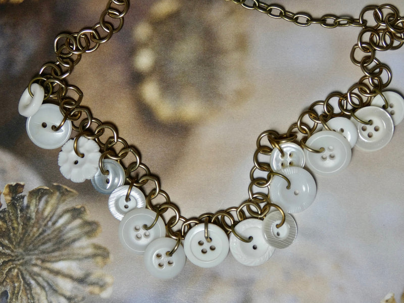 Vintage Button Necklace, One of a Kind White Button Charm Necklace