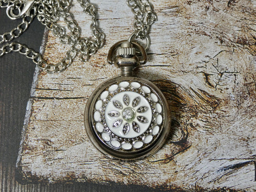 Pocket Watch Necklace - A working Watch Pendant - White Flower Design